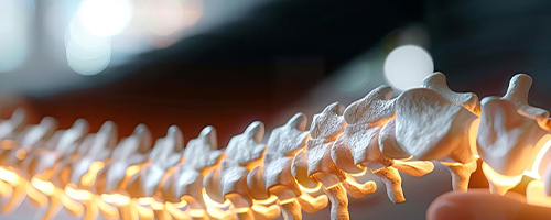 Close-up of a human spine model with a highlighted section, used for medical education and anatomy studies, emphasizing spinal health and vertebrae structure