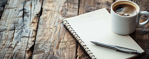 Table with a notepad beside a coffee cup, ideal for a copy space image.