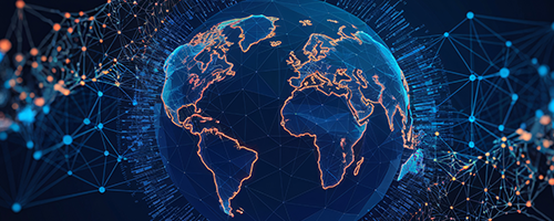 A digital illustration of a globe with a dark background. The globe is in the center of the image, with the continents and oceans clearly visible.