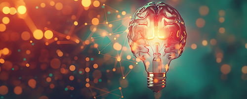 Human brain shaped lightbulb shining representing new ideas